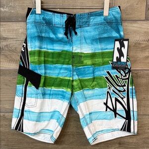 Billabong Blue and Green Striped Board Shorts